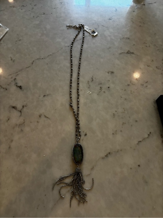Lucky Brand Jewelry - Long Silver Pendant Necklace with Green Stone and Tassel